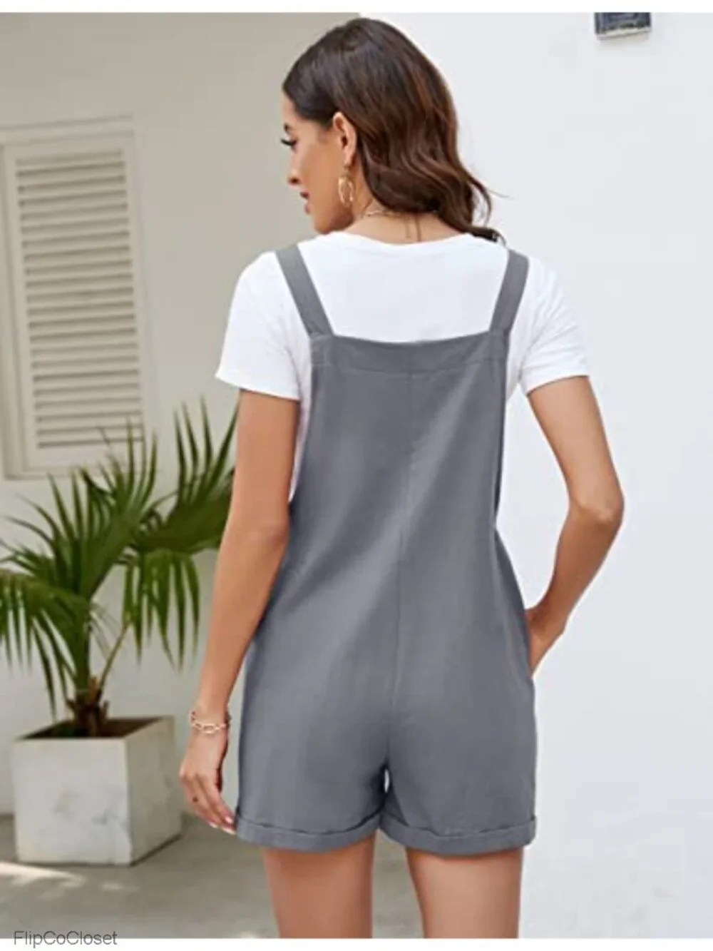 Women's Cotton Linen Short Overalls with Pockets Adjustable Straps Romper